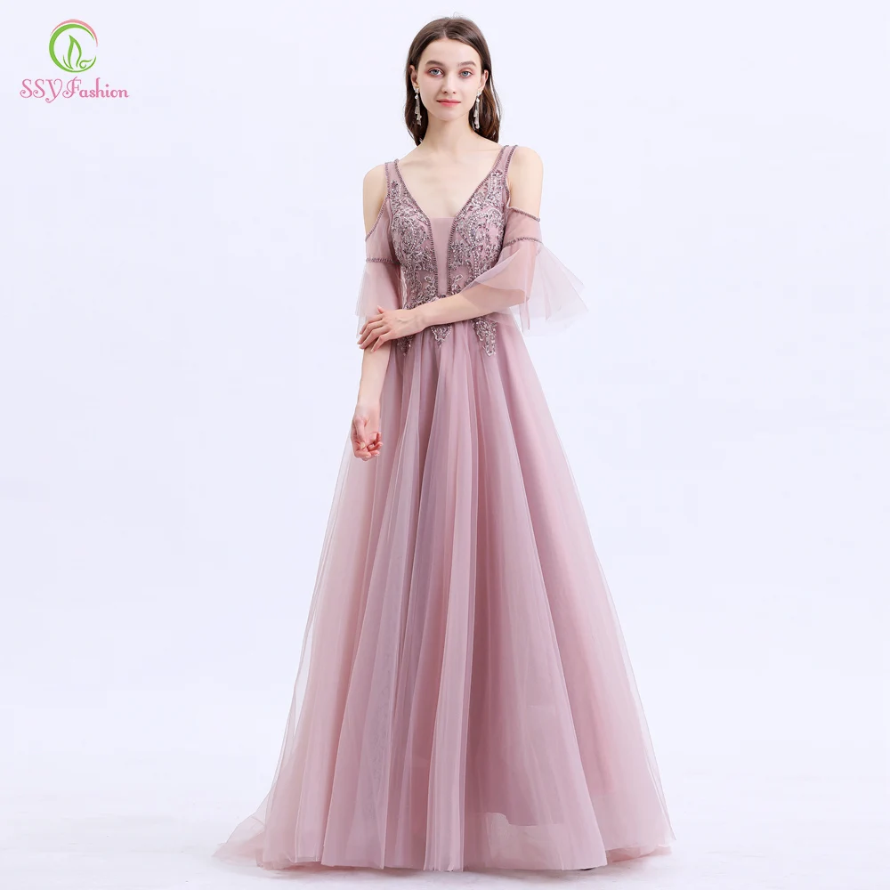 SSYFashion Новые Вечерние платья женские элегантные банкетные милые розовые кружевные аппликации Бисероплетение Вечерние платья Vestido De Noche