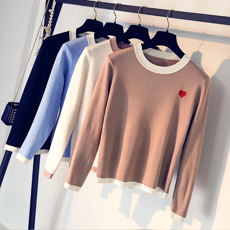 2018 Spring Autumn Knitted Women Sweater Fashion Casual Pullover Jumper O-Neck Outwear Embroidery Heart Shape Female | Женская одежда