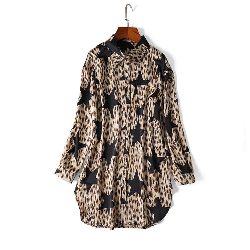 Women animal leopard print sexy long shirts loose style stars casual tops blouse new 2019 spring summer |