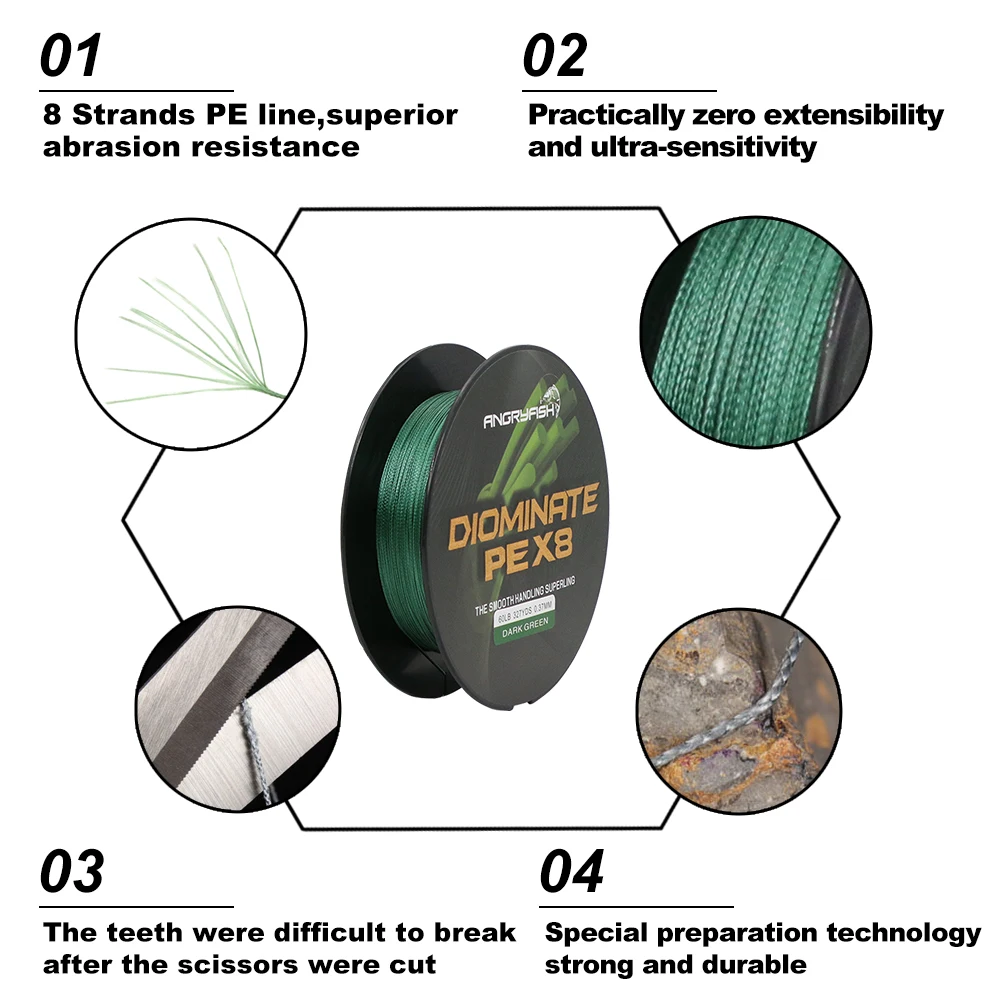 Angryfish Diominate PE X8 Fishing Line 327YDS/300M 8 Strands Braided Fishing Line Multifilament PE Line 18 20 30 40 50 80LB 2