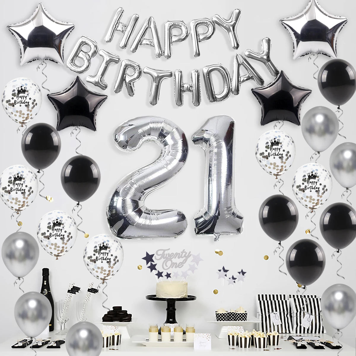 

PATIMATE 40Pcs Happy Birthday Balloons Silver Black Foil Balloon Adult 21th Birthday Party Decoration 21 Birthday Supplies