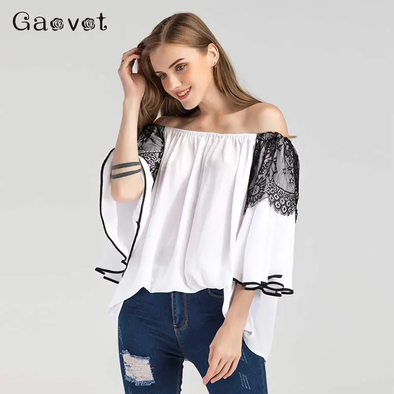 Сексуальные Slash шеи женские шифоновые рубашки с открытыми плечами 2019 летняя