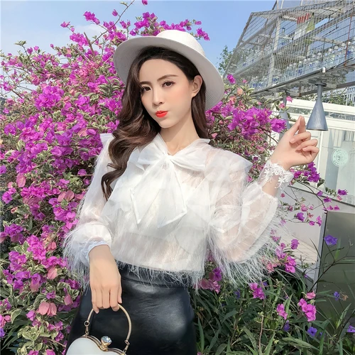 Кружевные буффы на рукавах с кисточками и бантом блузки подкладкой Лоскутная