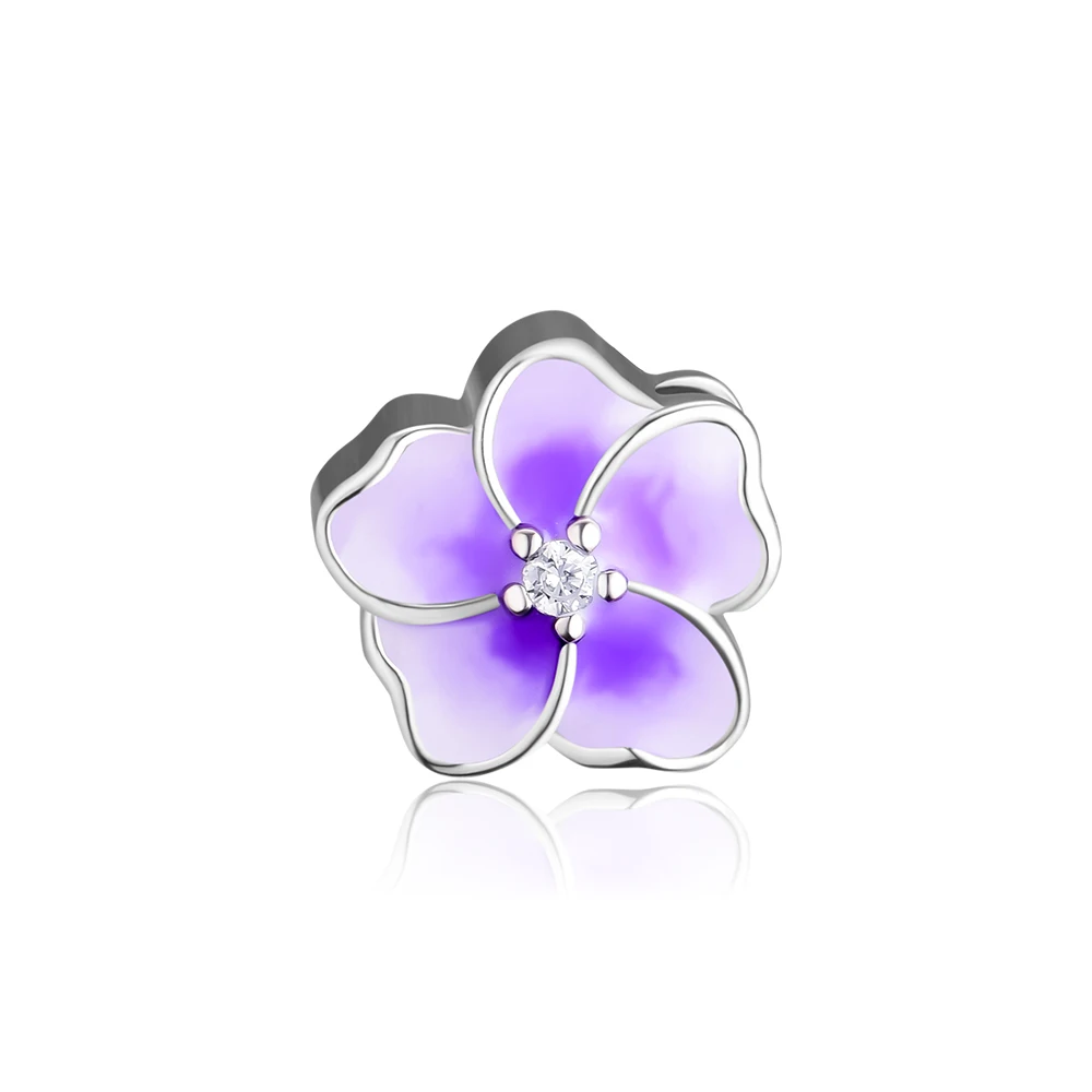 Cuentas de orquídeas con esmalte púrpura radiante y CZ 100%, joyería de plata de ley 925, envío gratis, CKK