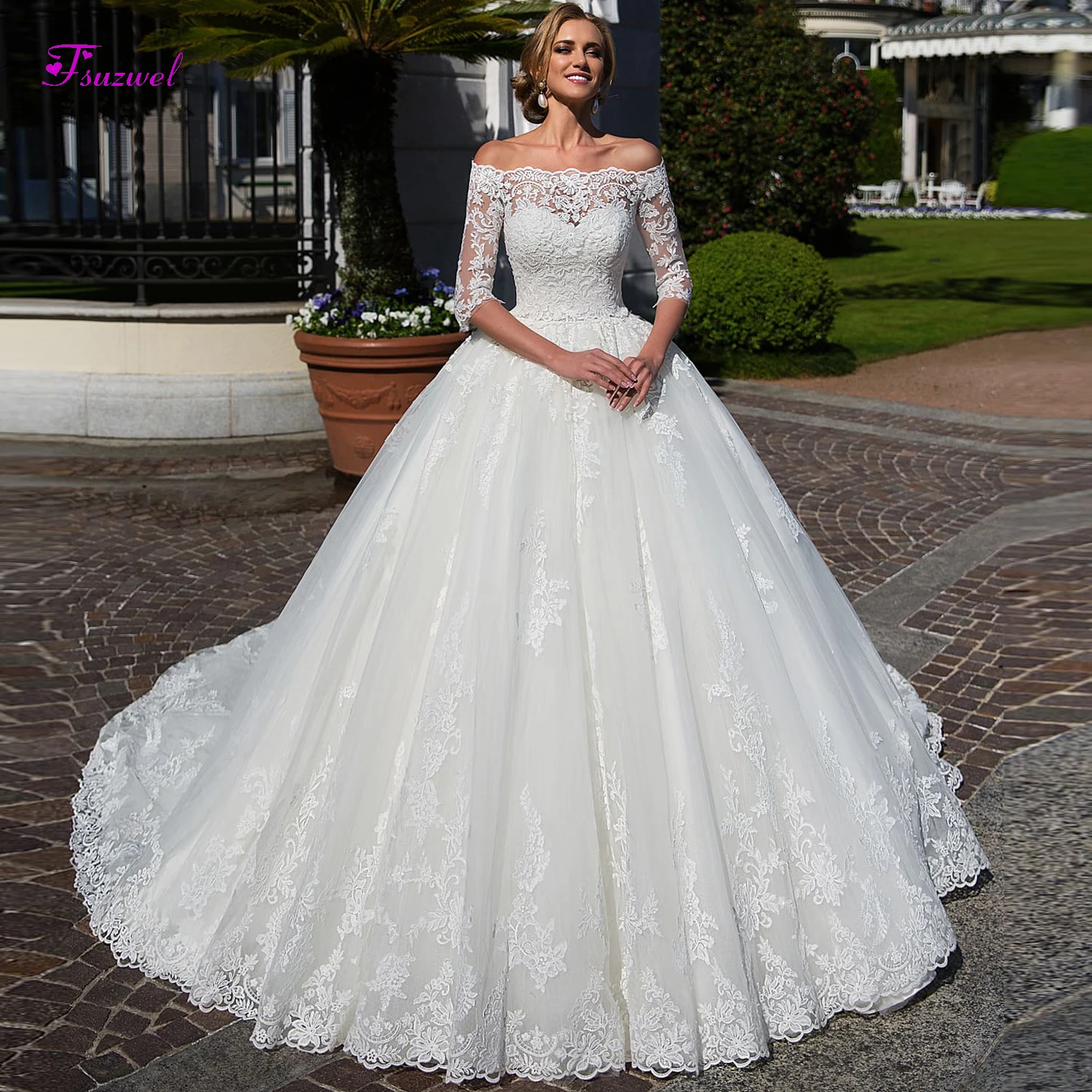 

Fsuzwel Graceful Appliques Chapel Train A-Line Wedding Dresses 2020 Sexy Boat Neck Beaded Sashes Princess Bridal Gown Plus Size