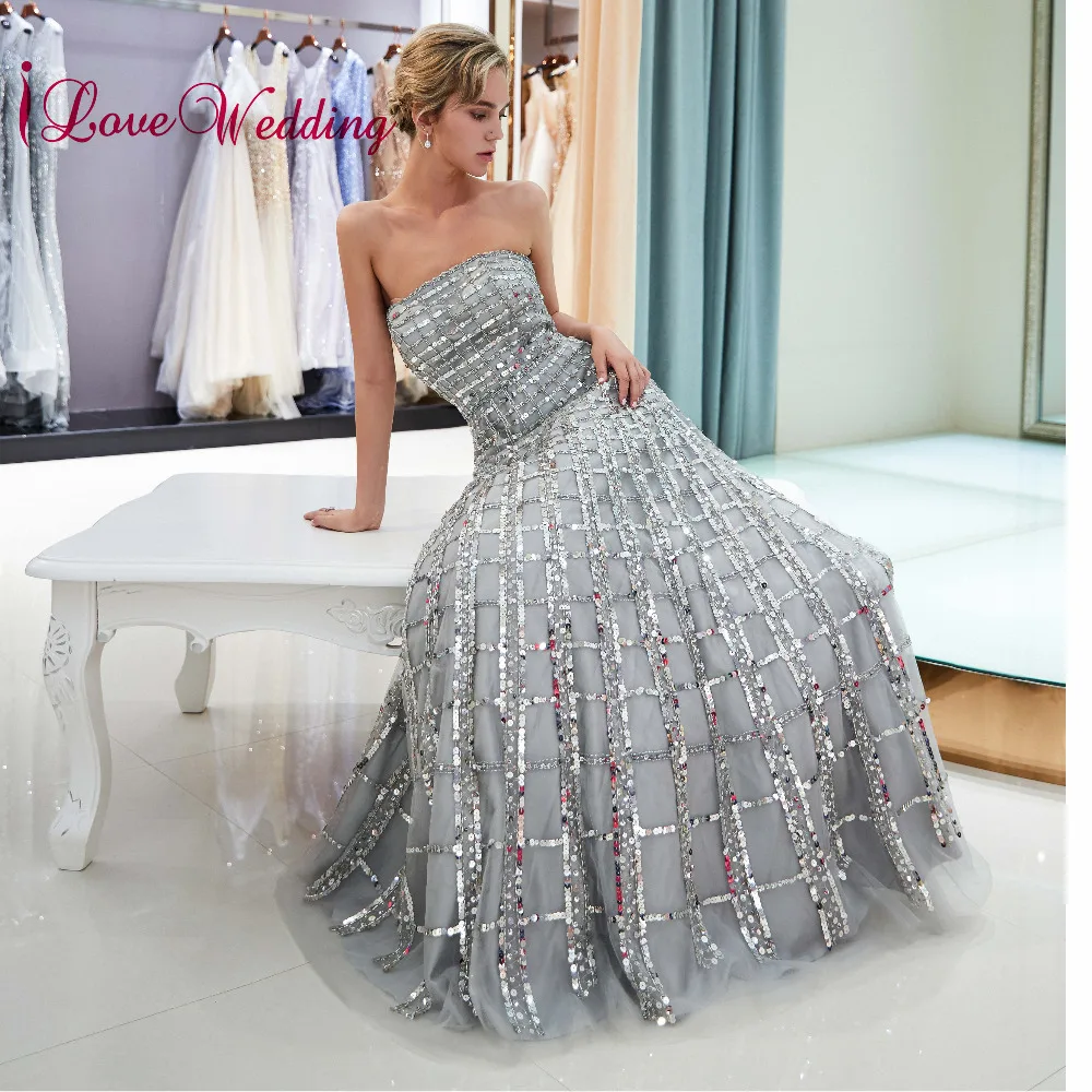 ILoveWedding Искрящимся Бисером Кристалл Line без бретелек молния сзади торжественное длинное вечернее платье Vestido de festa longo