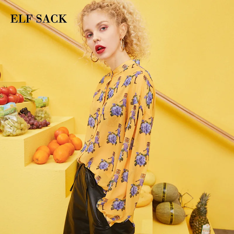 Женская трикотажная блузка ELFSACK Повседневная Свободная рубашка из хлопка с
