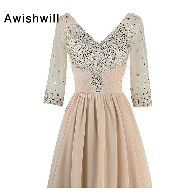 New Arrival 2020 Long Evening Dress With 3/4 Sleeves V-neck Beadings Chiffon Banquet Mother of The Bride Dresses Robe De Soiree | Свадьбы и