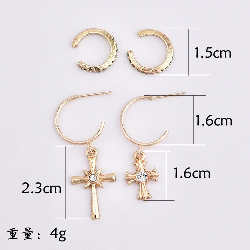4pcs/set Fashion Rhinestone Cross Earrings Set For Women Bohemia Gold Silver Color Hoop Earring Ear Drop Jewelry E1583 | Украшения и