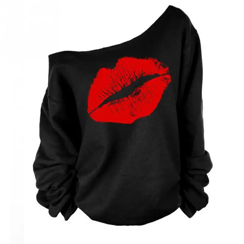 Red White Lips Offset Print Women Tops Long Sleeve Loose Fit Tee Shirts Plus Size Women Clothing 2016 Spring Blusas Sweatshirt