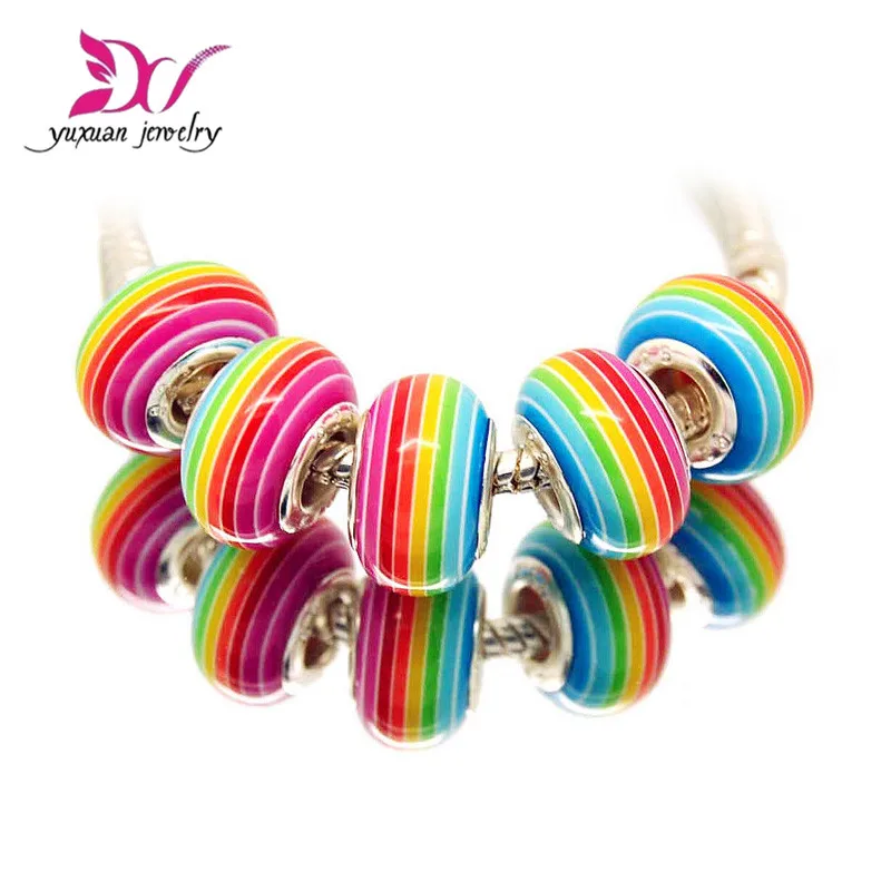 10 радужных цветов, 14 мм акриловый серебряный шнур, большие отверстия, свободные бусины, Подходит для европейских ювелирных изделий, браслетов, подвесок «сделай сам», 10 шт.