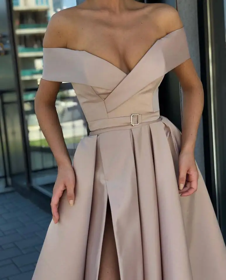 DZW405 Elegant Off the Shoulder Red Evening Dresses 2019 Party Gown Satin Sexy Sky Blue High Slit Long Vestido De Festa | Свадьбы и