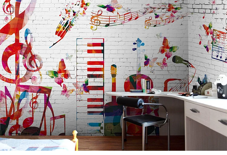Фотообои 8D на заказ фрески с рисунком в стиле джаз музыка белые кирпичи для бара