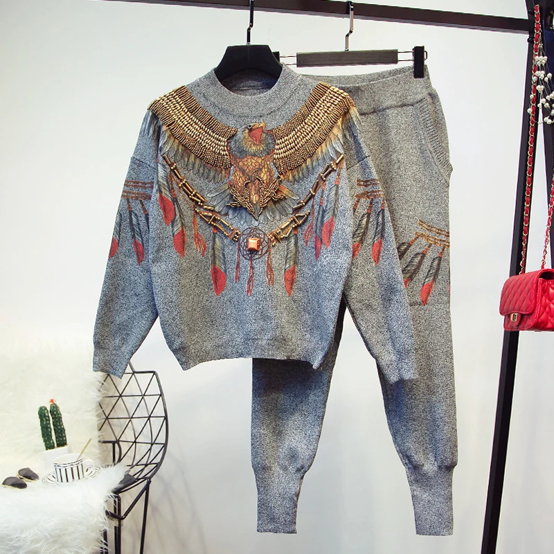 Высокое качество Женский комплект 2 шт. вязаный свитер орел перо штаны-шаровары