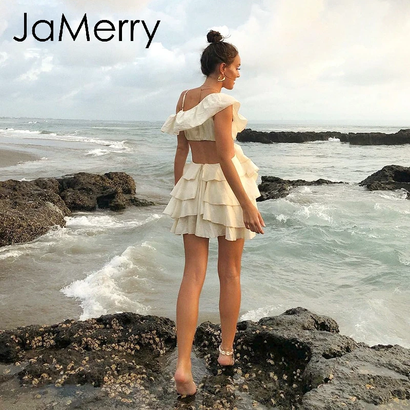 JaMerry сексуальное короткое мини платье с рюшами женские летние выходные пляж