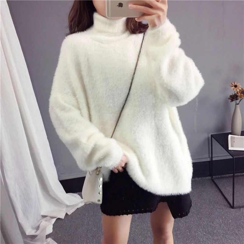 Женский вязаный свитер с высоким воротником Свободный теплый пуловер в