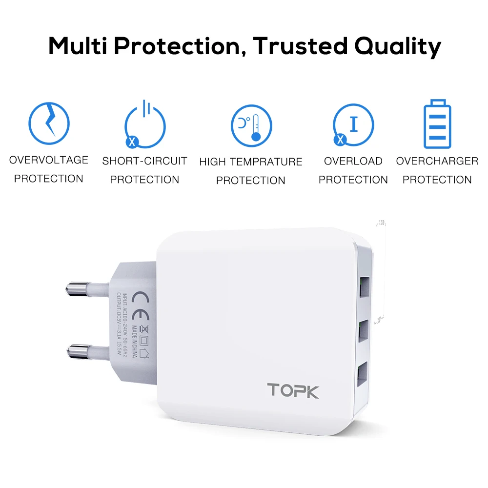 TOPK 3-Порты и разъёмы 5 V 3.1A Smart Travel USB Зарядное устройство адаптер стены портативная