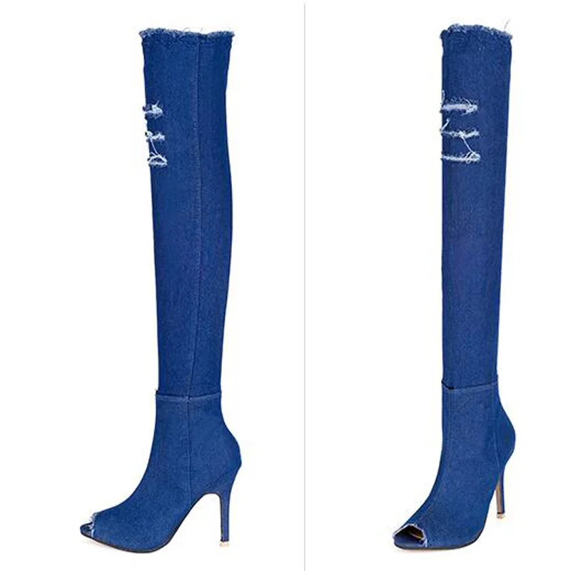 Tangnest/Винтажные джинсовые сапоги выше колена для женщин пикантная обувь на тонком