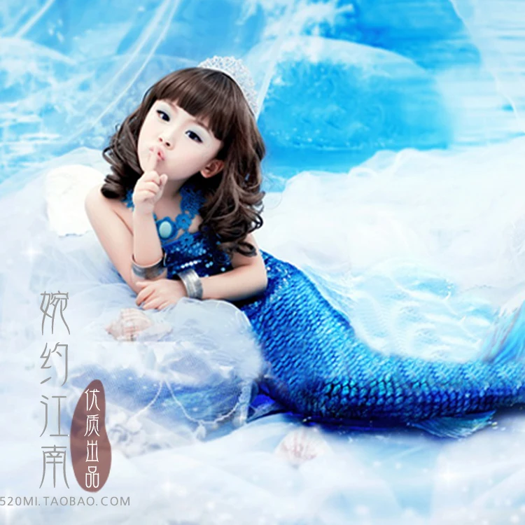 Костюм Русалочки с синими пайетками для маленькой девочки косплей костюм ханьфу