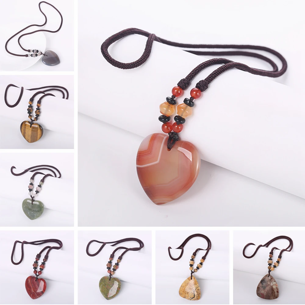 Hot Natural Stone Vintage Men Bijoux Bohemia Crystal Heart Opal agate amber obsidian Pendant Necklaces Women Jewelry Reiki Gift | Украшения