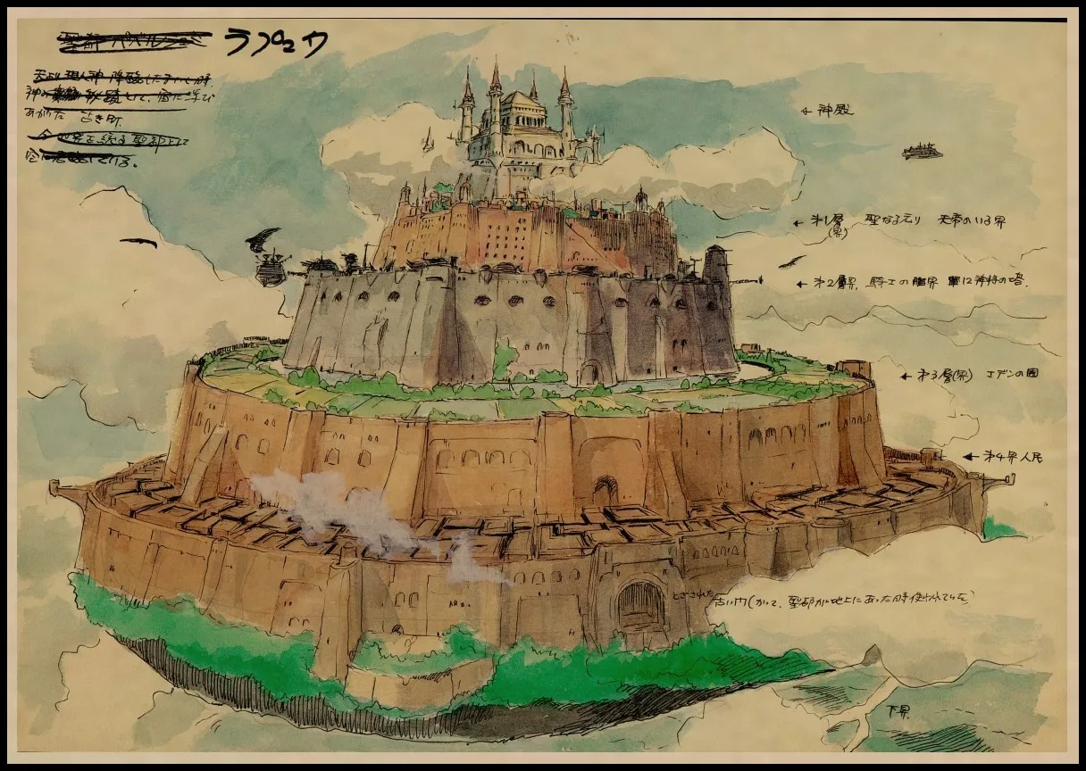 Винтажный постер Hayao Miyazaki в стиле ретро с изображением замка небе из крафт-бумаги