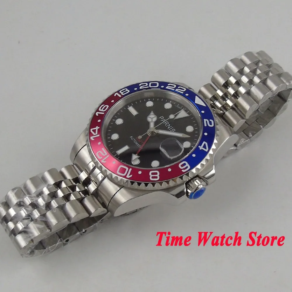 Новые 40 мм parnis Мужские часы красный GMT сапфировое стекло черный циферблат