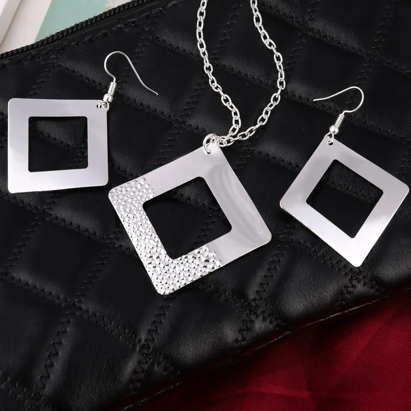 Delicate Silver Color Jewelry Set Square Pendant Long Chain Necklace +Drop Earring Fashion Wedding | Украшения и аксессуары