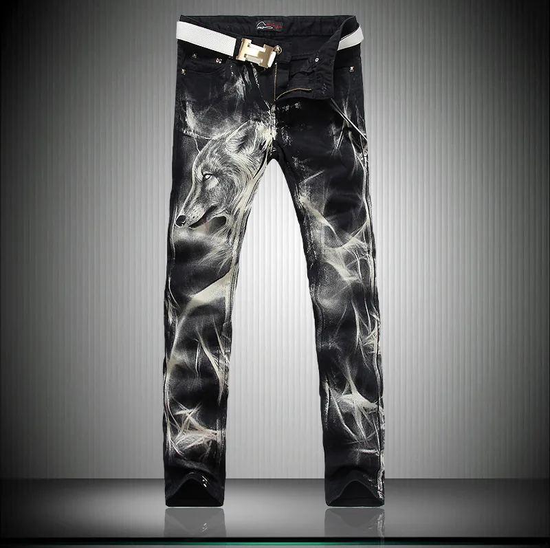 Джинсы мужские облегающие в стиле хип хоп с 3d рисунком волка|brand men jeans|men brand jeansmen