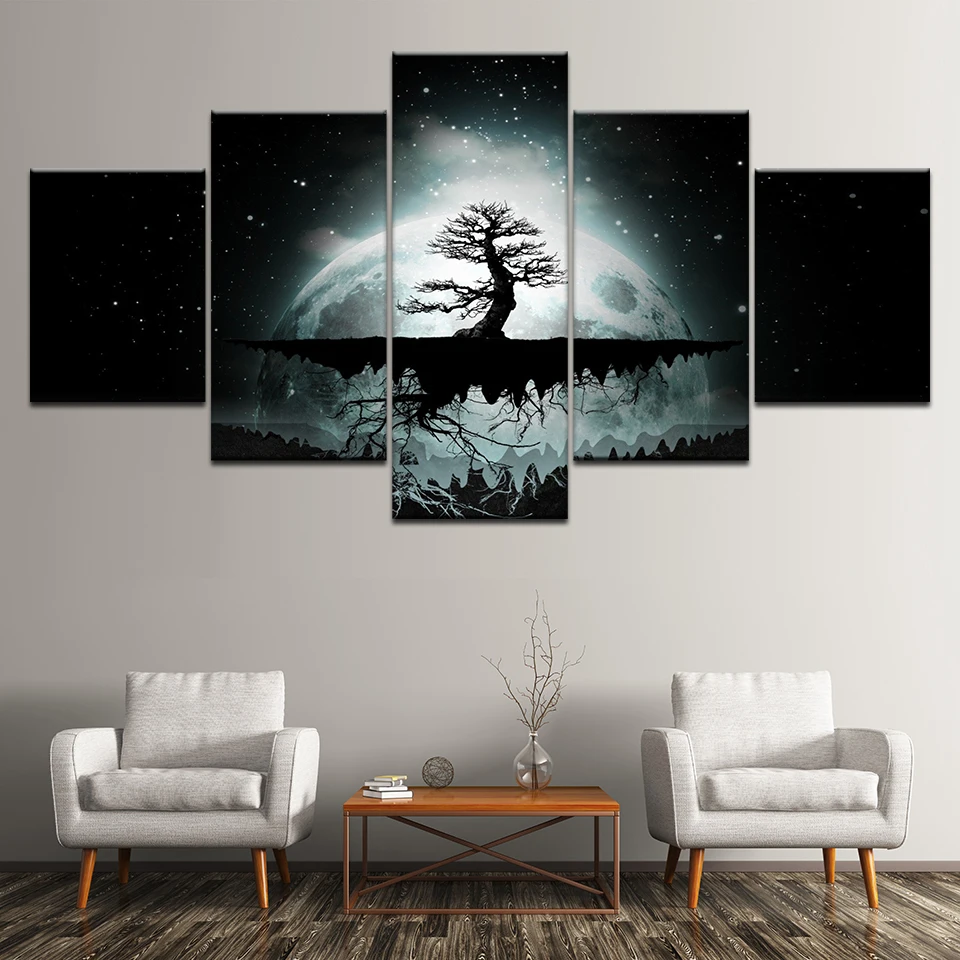 Картина на холсте дерево в большой Луне 5 шт. Настенная картина модульные обои