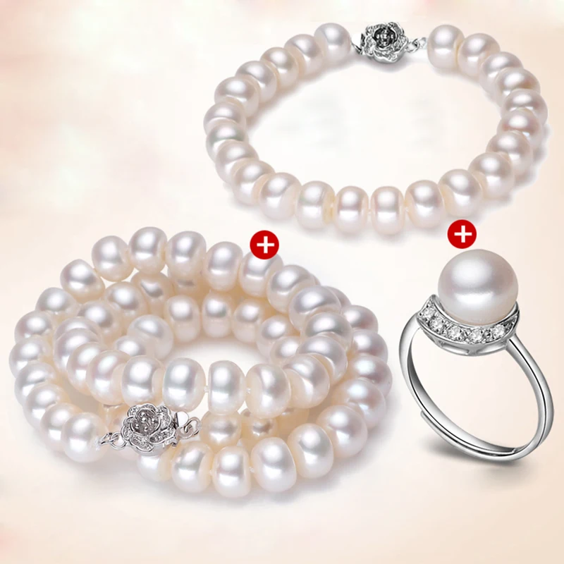 Комплект из колье и серёг серебра 100% пробы с натуральным пресноводным