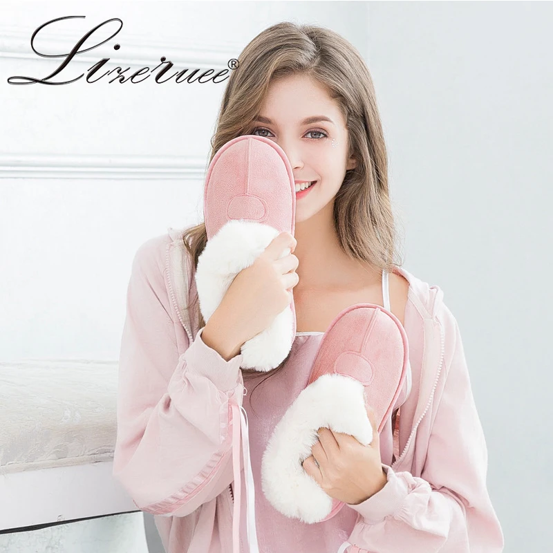Lizeruee/женские зимние теплые домашние меховые тапочки; коллекция года; женские плюшевые Вьетнамки для взрослых; домашняя обувь; хлопковые домашние тапочки для влюбленных