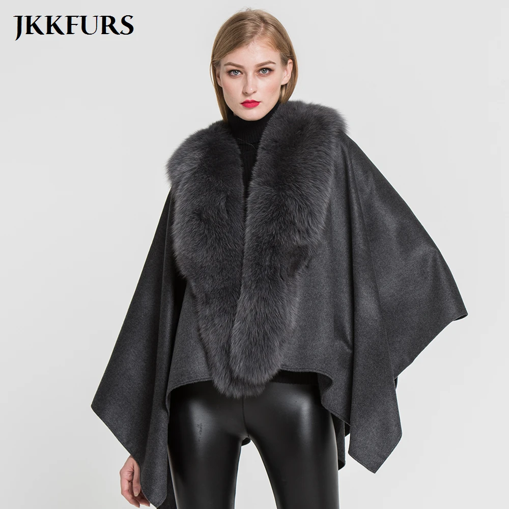 JKKFURS 2021 New Women's Poncho Genuine Fox Fur Collar Trim & Wool Cape Fashion Style Top Quality Winter Warm Coat S7357