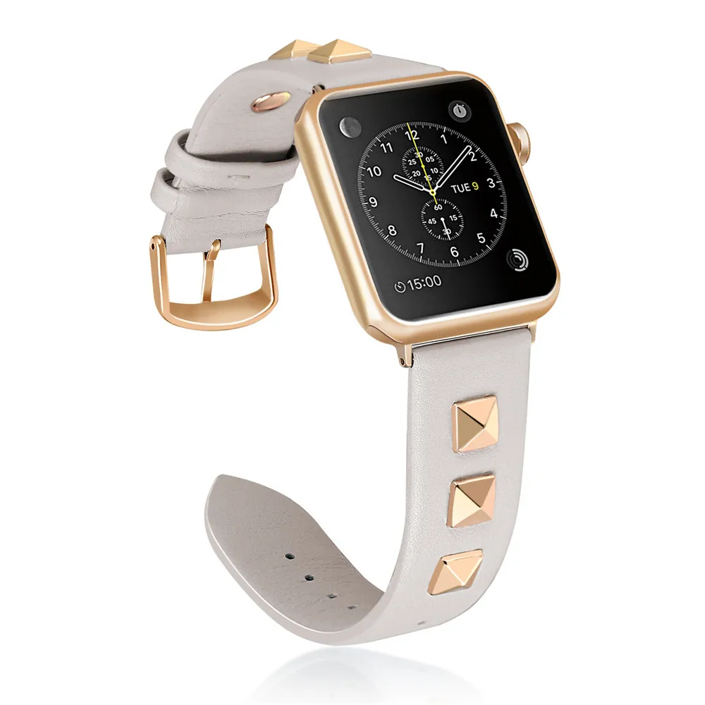 Rice White rose Модный кожаный браслет для наручных часов Apple Watch, версии 5 4 3 2 1 заклепки Стиль ремешок для наручных часов iWatch, 40/44/38 мм/42 мм черный, белый цвет наручный ремень - Цвет ремешка: Rice White rose