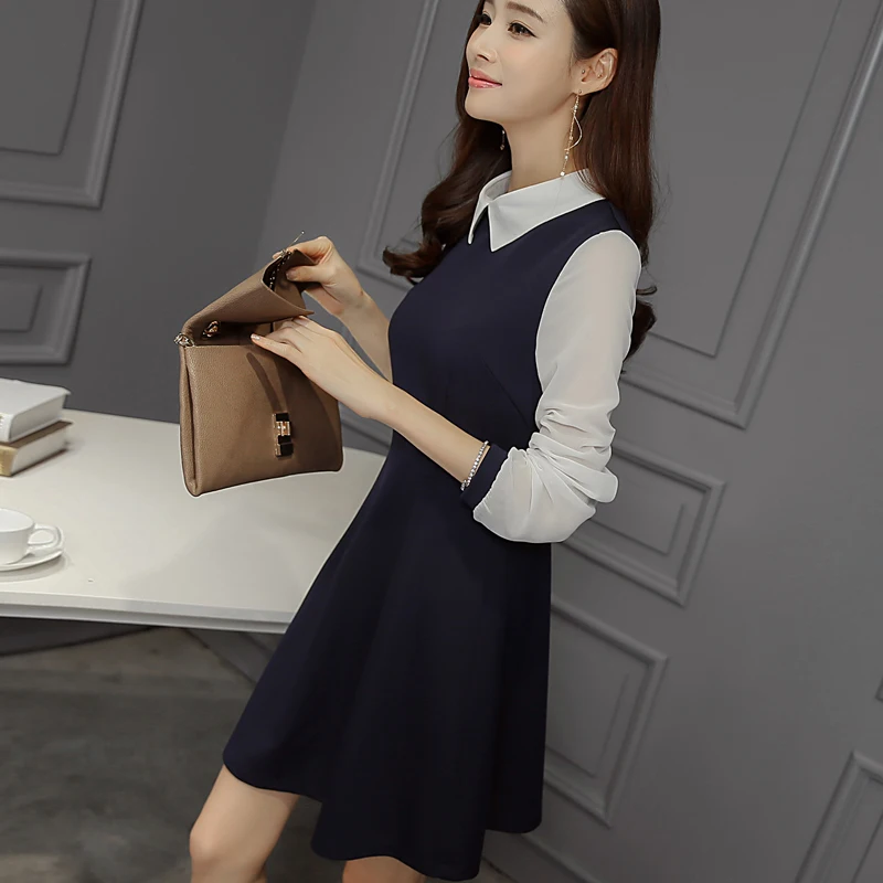 Весна 2016 женское синее платье средней длины с милым белым воротником Питер Пэн