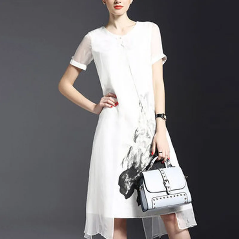 TANGNEST Лето Женщины Платье 2016 О-Образным Вырезом Узел Кнопка Цветочный Печати