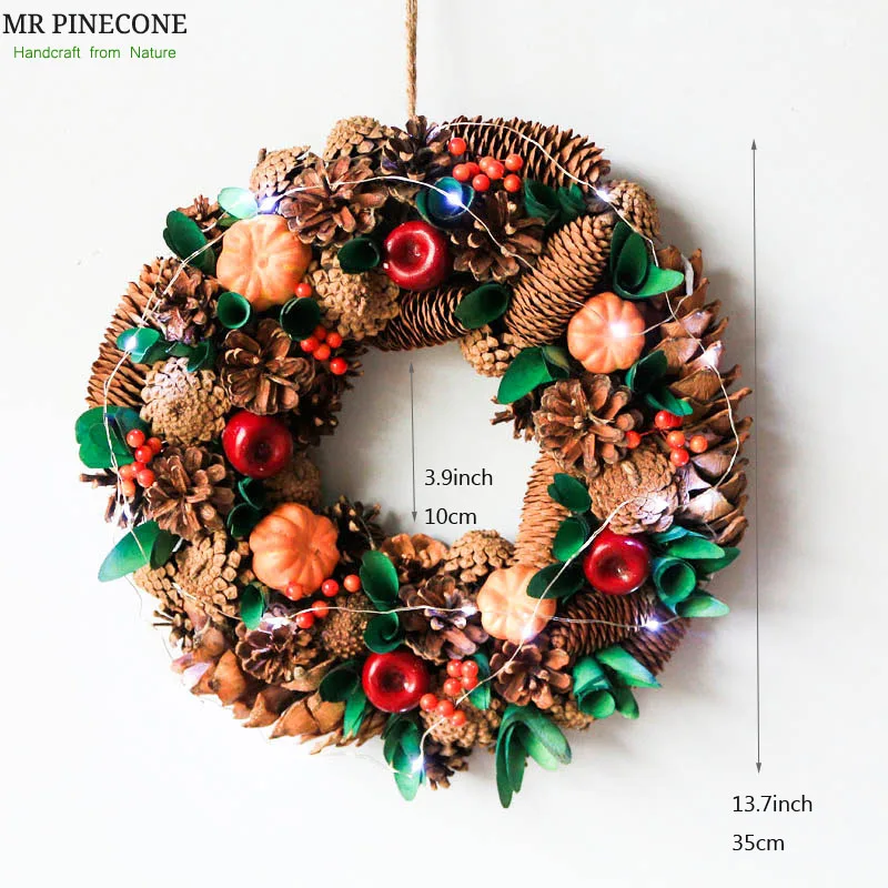 

D13.7" Rustic Wreath Front Door Wreath Autumn Home Decoration Fall Harvest Pumpkin Decor Country Style Pinecones Wood Wreaths