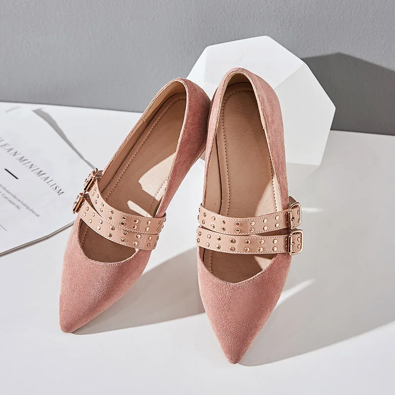 Pink Модные осенние туфли на плоской подошве с острым носком; яркие цвета; офисные женские туфли для выходных; лоферы с двойной пряжкой и заклепками; женская обувь на плоской подошве; размеры 34-43 - Цвет: Pink