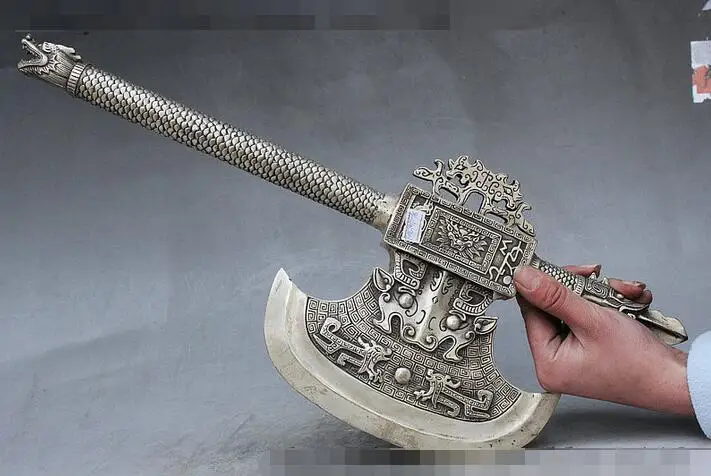 19&quot Ancient China Silver Dragon Lion Beast Hand Shank Weapon Axe Hatchet Statue | Дом и сад
