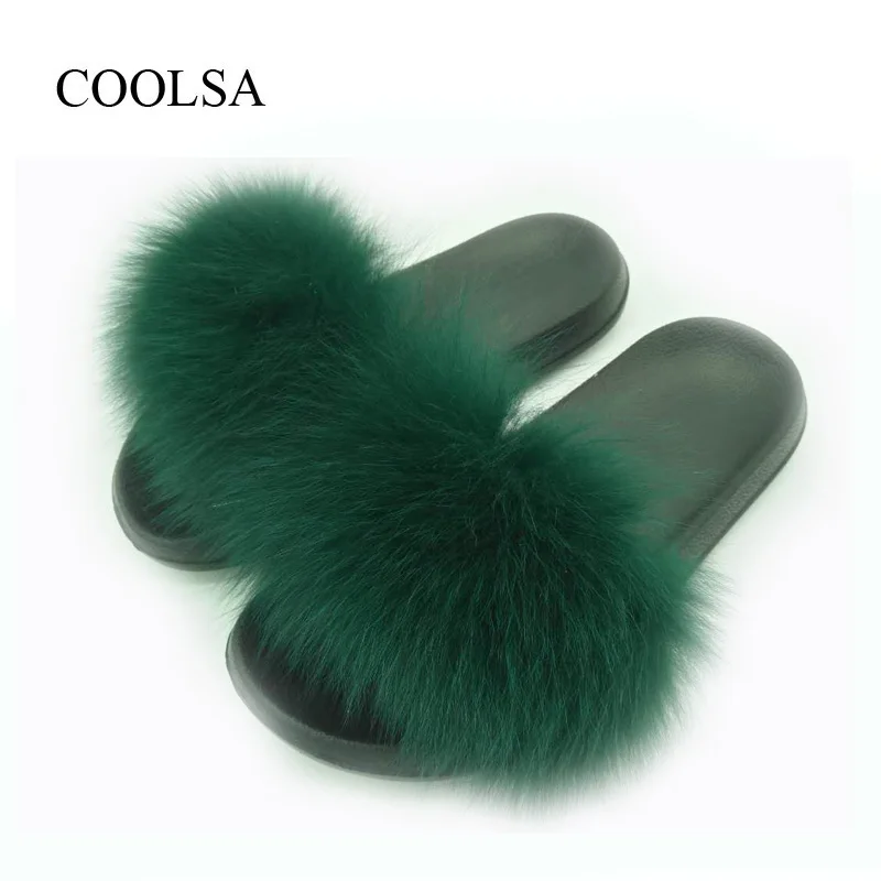 Green COOLSA/женские шлепанцы из натурального Лисьего меха; женские летние домашние меховые тапочки; женские нескользящие теплые меховые плюшевые шлепанцы; Прямая - Цвет: Green