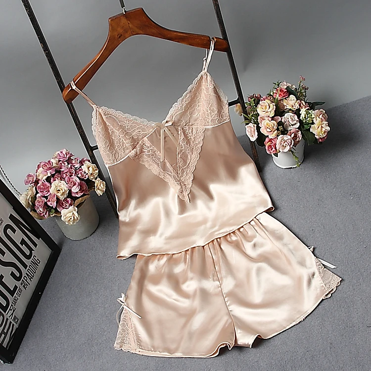 Пикантный женский кружевной Шелковый пижамный комплект бесплатная доставка 2017