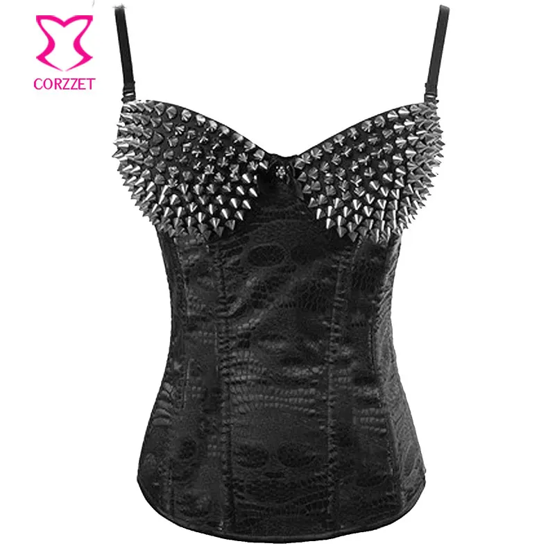Черный/серебристый Спайк Заклепки Шпильки ремень Overbust корсет стимпанк Корсеты и