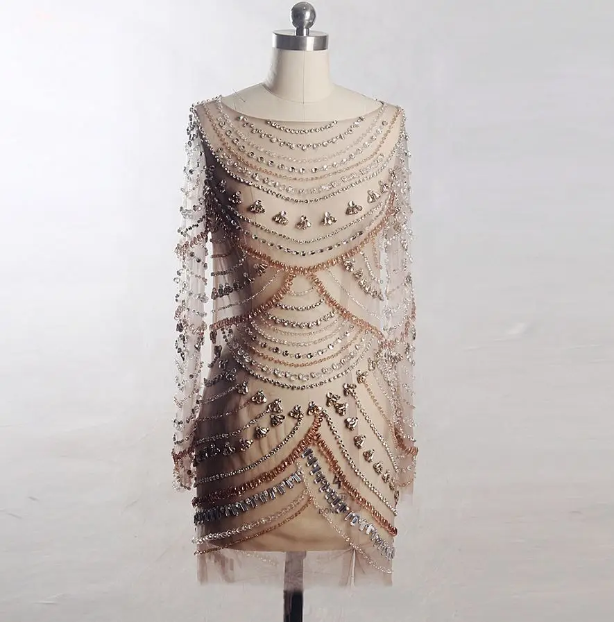 Шампанское Robe de cocktail2019 новое из кружева, с вырезом на шее с украшением в виде кристаллов Длинные рукава трапециевидной формы бокал для шампанского коктейльное платье с коротким рукавом Роскошные бальное платье на заказ - Цвет: Шампанское