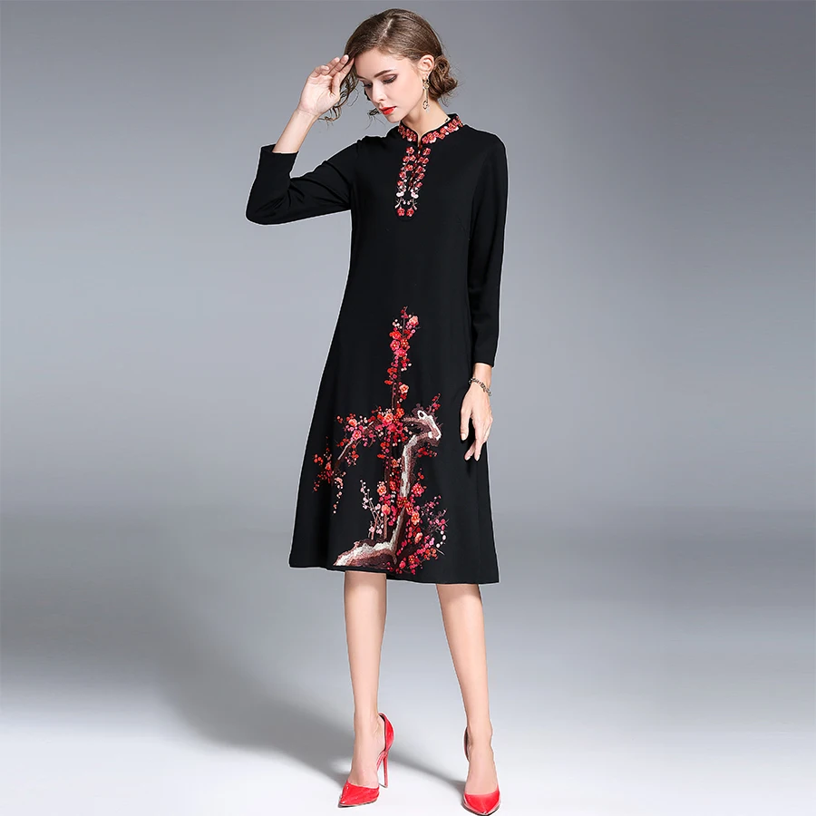2017 осеннее Новое Элегантное женское платье с вышивкой и рукавами на запястье