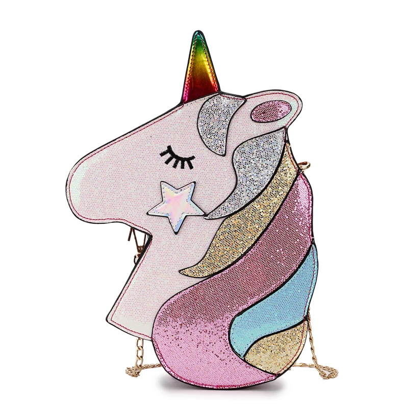 

Cute Fantasy Fashion Unicorn Design Pu Leather Laser Girl's Chain Purse Handbag Shoulder Bag Crossbody Mini Messenger Bag Flap