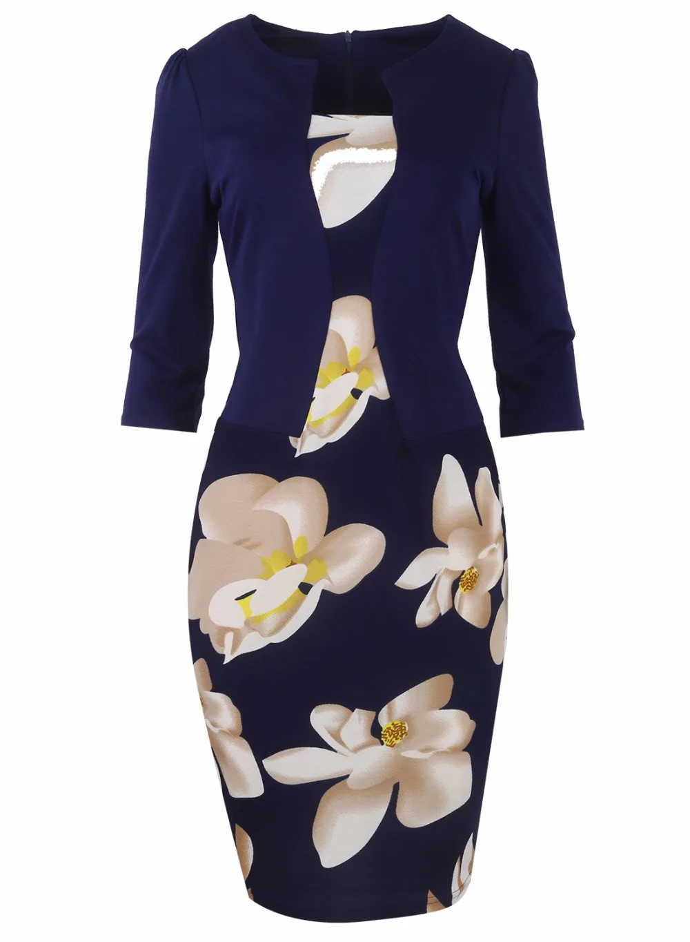 Women Plus Size 4XL Faux Two Piece Flower Floral Print Patchwork Three Quarter Sleeve Office Wear Work Bodycon Pencil Dresses | Женская