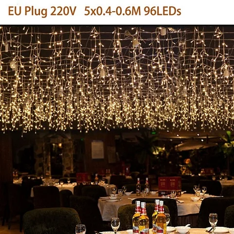 EU Plug 220V 96LEDs Светодиодный светильник-Гирлянда для занавесок, Сказочная сосулька ЕС или батарея, Рождественская гирлянда, Свадебная вечеринка, окно для патио, уличный светильник-гирлянда, украшение - Испускаемый цвет: EU Plug 220V 96LEDs
