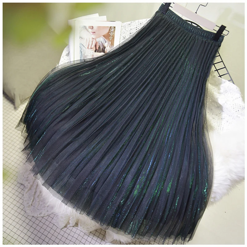 Streamer green Women's 3 Layer Bright Tulle Skirt Ladies Korean High Waist Shining Tutu Skirt Pleated Mesh Midi Skirts Faldas Autumn - Цвет: Streamer green