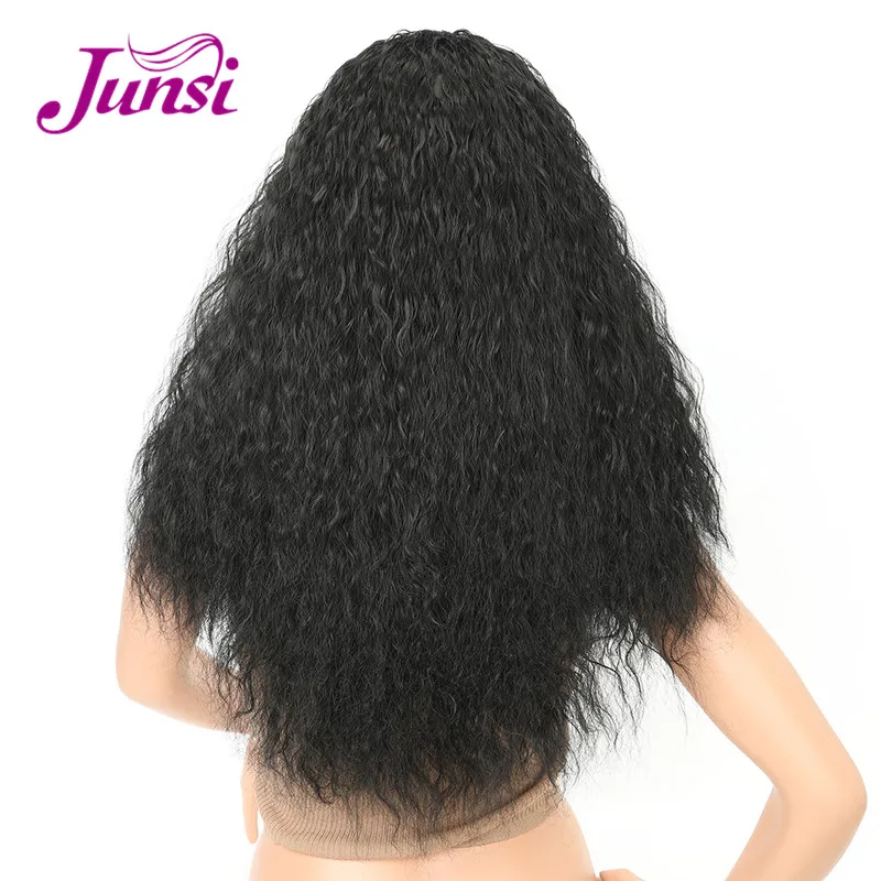 Black JUNSI 24 дюйма длинные афро кудрявые синтетические парики для женщин афро термостойкий парик - Цвет: Black
