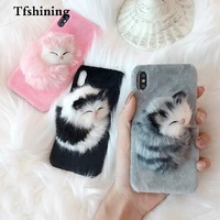 tfshining 3d cute sleep cat furry warm phone cases for iphone 11 se 2 7 8 plus x xs xr xs pro max hard pc plush diy back cover