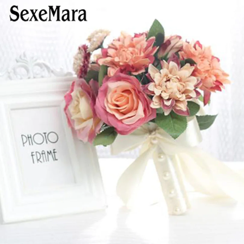 Свадебный Шелковый цветочный букет SexeMara розовых и цветов цвета слоновой